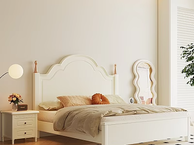 Stylish White Double Bed With Curved Headboard Soft Pillows Nightstand Lamp And Mirror 3d model