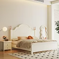 Stylish White Double Bed With Curved Headboard Soft Pillows Nightstand Lamp And Mirror