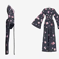 Elegant Black Robe With Pink Cherry Blossom Floral Print Bell Sleeves Design