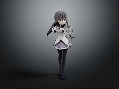 Anime Character with Long Hair Wearing White Purple Dress Holding Round Object Gray Background 3d model