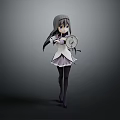 Anime Character with Long Hair Wearing White Purple Dress Holding Round Object Gray Background