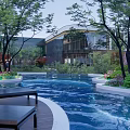 Stunning Garden Landscape Design With Curved Pool Lush Trees And Leisure Areas
