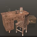 Vintage Wooden Desk With Matching Chair Table Lamp Book And Storage Box