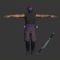 Purple Outfitted Ninja Character 3D Model With Black Vest And Blue Purple Staff