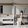 Sleek Modern Bathroom Set with Marble Countertop Wall Mirror Toilet Storage Cabinets and Potted Plant