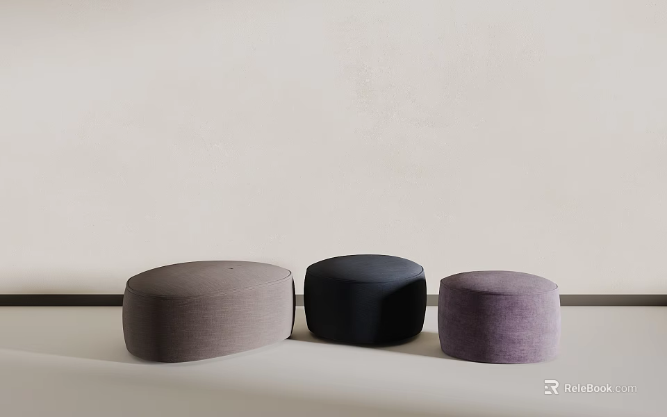 Three Circular Upholstered Stools in Gray Dark Blue Purple Minimalist Modern Light Background 3d model