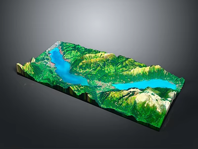 3D Topographic Model With Green Mountain Terrain And Blue Lake Features 3d model