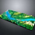 3D Topographic Model With Green Mountain Terrain And Blue Lake Features
