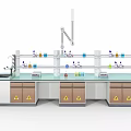 Well Equipped Laboratory Workbench With Shelves Chemical Reagents Sink Cabinets And Hazard Signs