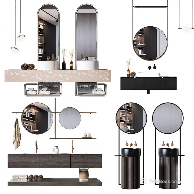 Modern Bathroom Vanity Designs With Round Mirrors Storage Cabinets And Decorative Items 3d model 