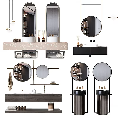 Modern Bathroom Vanity Designs With Round Mirrors Storage Cabinets And Decorative Items 3d model
