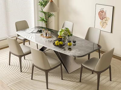Marble Dining Table Set With Six Light Gray Leather Chairs Flowers Fruit Bowl And Glasses 3d model