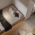Minimalist Hotel Room Interior with Comfortable Bed Wooden Vanity Bath Area Mirror and Chair