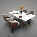 Rectangular Modern White Dining Table Set With Marble Legs Brown Chairs And Gold Accents 3d model