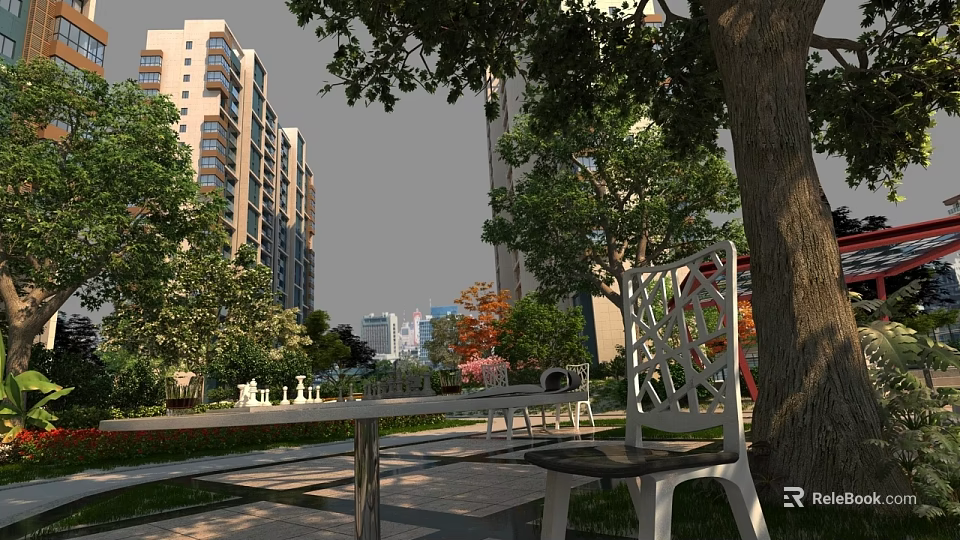 Residential Landscape with Tall Buildings Green Trees Benches and Paved Leisure Path 3d model 