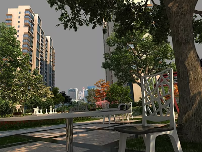 Residential Landscape with Tall Buildings Green Trees Benches and Paved Leisure Path 3d model