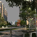 Residential Landscape with Tall Buildings Green Trees Benches and Paved Leisure Path