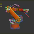 Orange Industrial Robotic Arm with Black Components and Cables on Dark Background