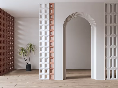 Modern Interior Partition Design Featuring Perforated Panels Arched Opening And Potted Plant 3d model