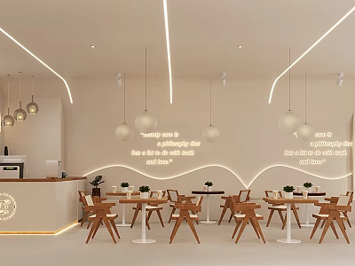 Bright Minimalist Dessert Shop Interior With Wooden Chairs And Pendant Lights 3d model