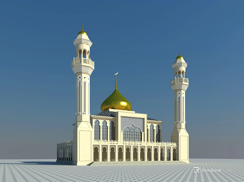 Islamic Mosque Exterior with Golden Dome and White Minarets Against Clear Blue Sky 3d model 