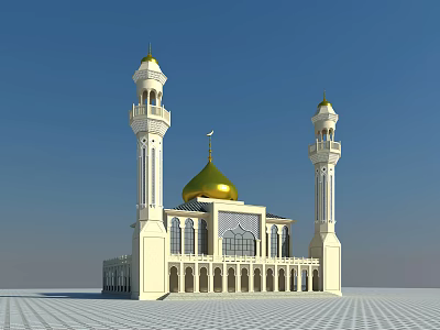 Islamic Mosque Exterior with Golden Dome and White Minarets Against Clear Blue Sky 3d model