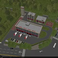 Aerial View Planning of Fire Station Complex with Red Vehicles Basketball Court and Greenery