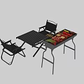 Outdoor Restaurant Dining With Grill Barbecue Skewers Fresh Vegetables And Outdoor Table Chairs
