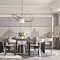 Elegant Modern Restaurant Interior Featuring Round Dining Table Chairs Pendant Light And Patterned Wall Panels