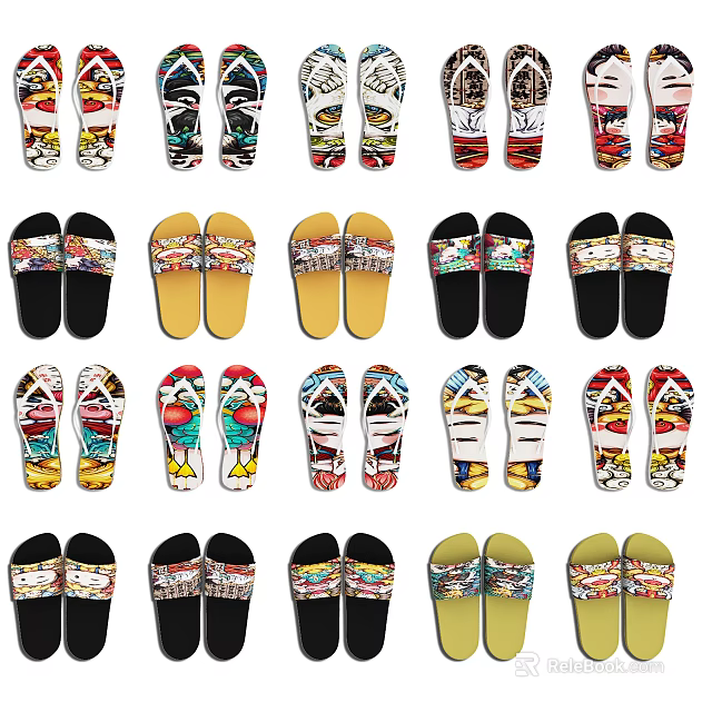 Colorful Patterned Slippers Collection With Various Designs And Styles For Men And Women 3d model 