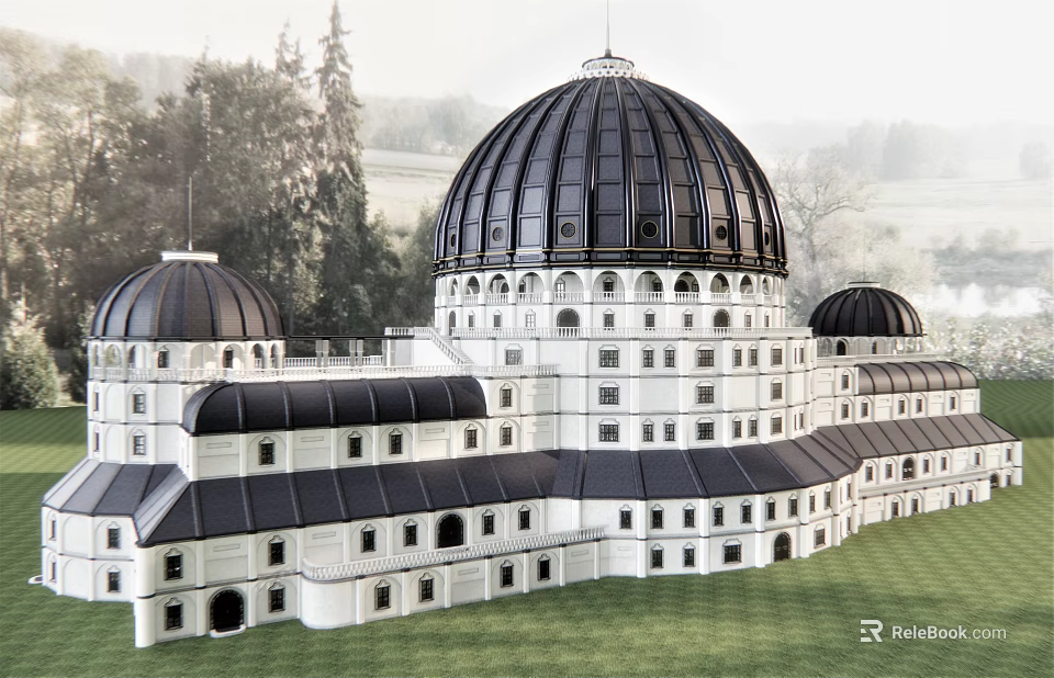 Elegant Detached Villa Featuring Black Domes White Exterior And Lush Green Lawn 3d model 