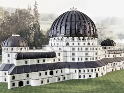 Elegant Detached Villa Featuring Black Domes White Exterior And Lush Green Lawn 3d model