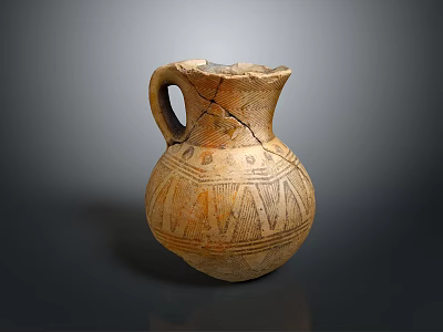 Ancient Clay Jug Pottery Sculpture With Handle Cracked Surface And Geometric Patterns 3d model