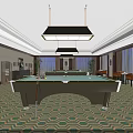 Spacious Billiard Room With Green Felt Table Hanging Chandeliers And Patterned Carpet 3d model