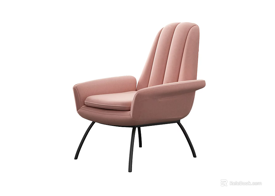 Pink Upholstered Accent Chair with Channel Tufted Back and Black Metal Legs Modern Design 3d model 