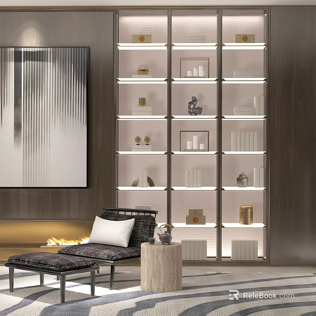 Modern Lounge Chair In Stylish Interior With Side Table Artwork And Decorative Shelves 3d model 