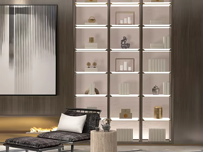 Modern Lounge Chair In Stylish Interior With Side Table Artwork And Decorative Shelves 3d model
