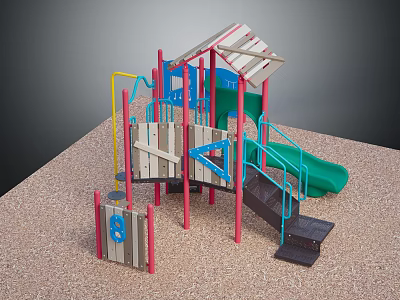 Playground Equipment Featuring Green Slide Wooden Climbing Structure Red Yellow Frames And Platform Steps 3d model