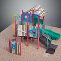 Playground Equipment Featuring Green Slide Wooden Climbing Structure Red Yellow Frames And Platform Steps