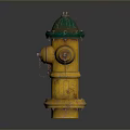 Yellow Fire Hydrant With Green Top And Chains On Round Stone Base