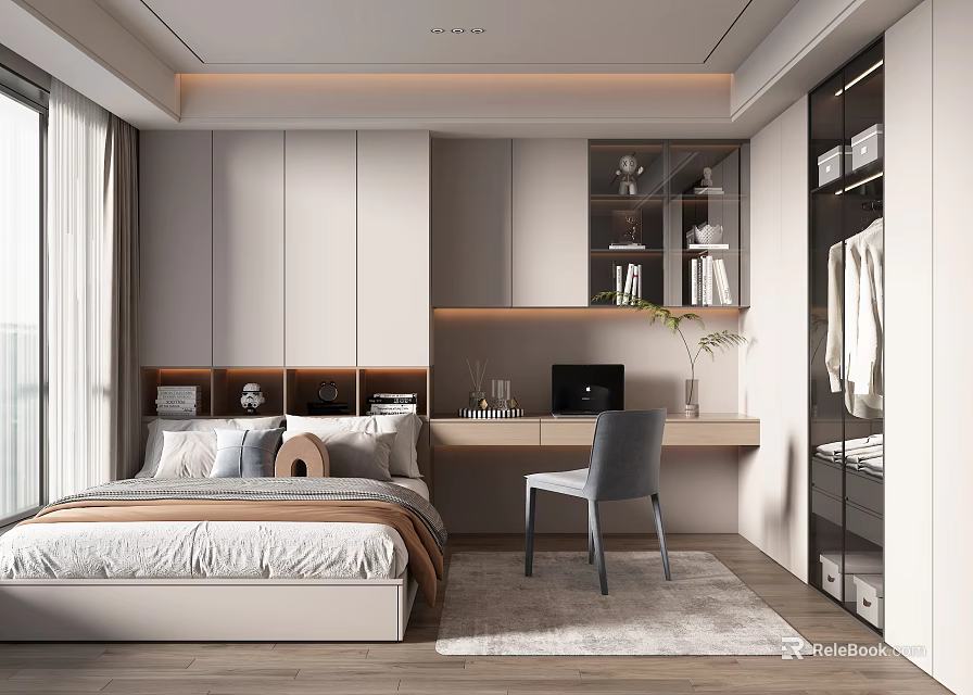 Tatami Bedroom Design With Comfortable Bed Study Desk Modern Cabinets And Natural Light 3d model 