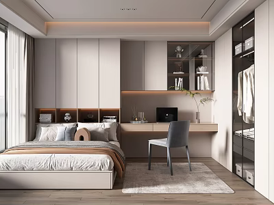 Tatami Bedroom Design With Comfortable Bed Study Desk Modern Cabinets And Natural Light 3d model