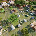 Scenic Camping Site with Tents Picnic Tables Chairs Trees and Sunset Hills
