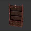 Dark Wood Storage Cabinet with Decorative Spire Top Multiple Shelves and Drawers