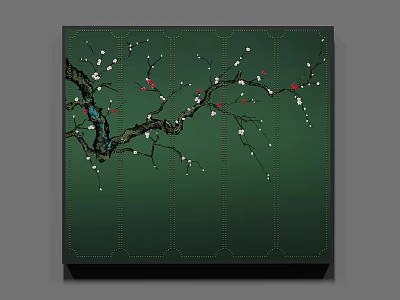 Traditional Plant Painting With Cherry Blossom Branches Red Flowers White Blossoms Green Background Divided Sections 3d model