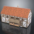 Scenic Rural Landscape With Traditional Building Red Tile Roof Wooden Frame And White Walls