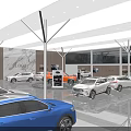 Modern Car Showroom Interior With Wooden Walls Marble Logo Wall Display Screens And Ceiling Lights