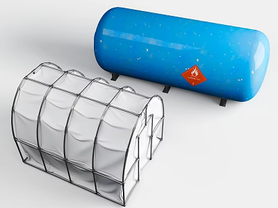 Blue Cylindrical Industrial Storage Tank With Red Warning Sign And White Framed Shelter 3d model