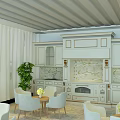 Spacious Modern Leisure Area Interior Design With Comfortable Chairs Round Tables Green Plants Large Windows Blue Curtains