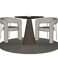Round Wooden Table With Beige Armchairs And Black Metal Legs On Woven Rug